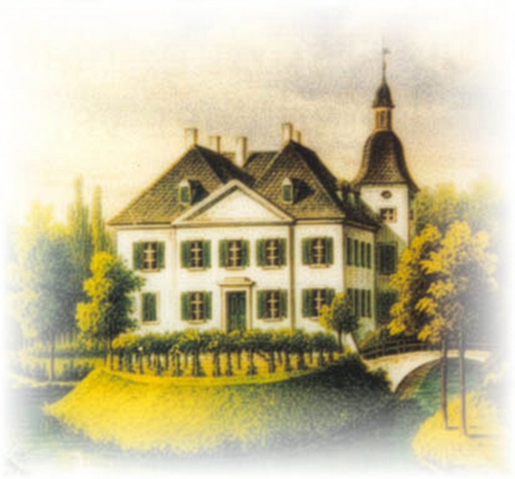 Haus Voerde Historische Darstellung von Haus Voerde mit Gebäude, Turm und Brücke