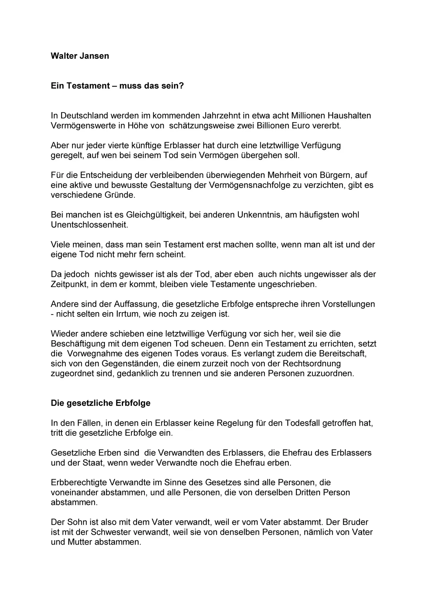Cover - Ein Testament - muss das sein - von Walter Jansen Cover - Ein Testament - muss das sein - von Walter Jansen