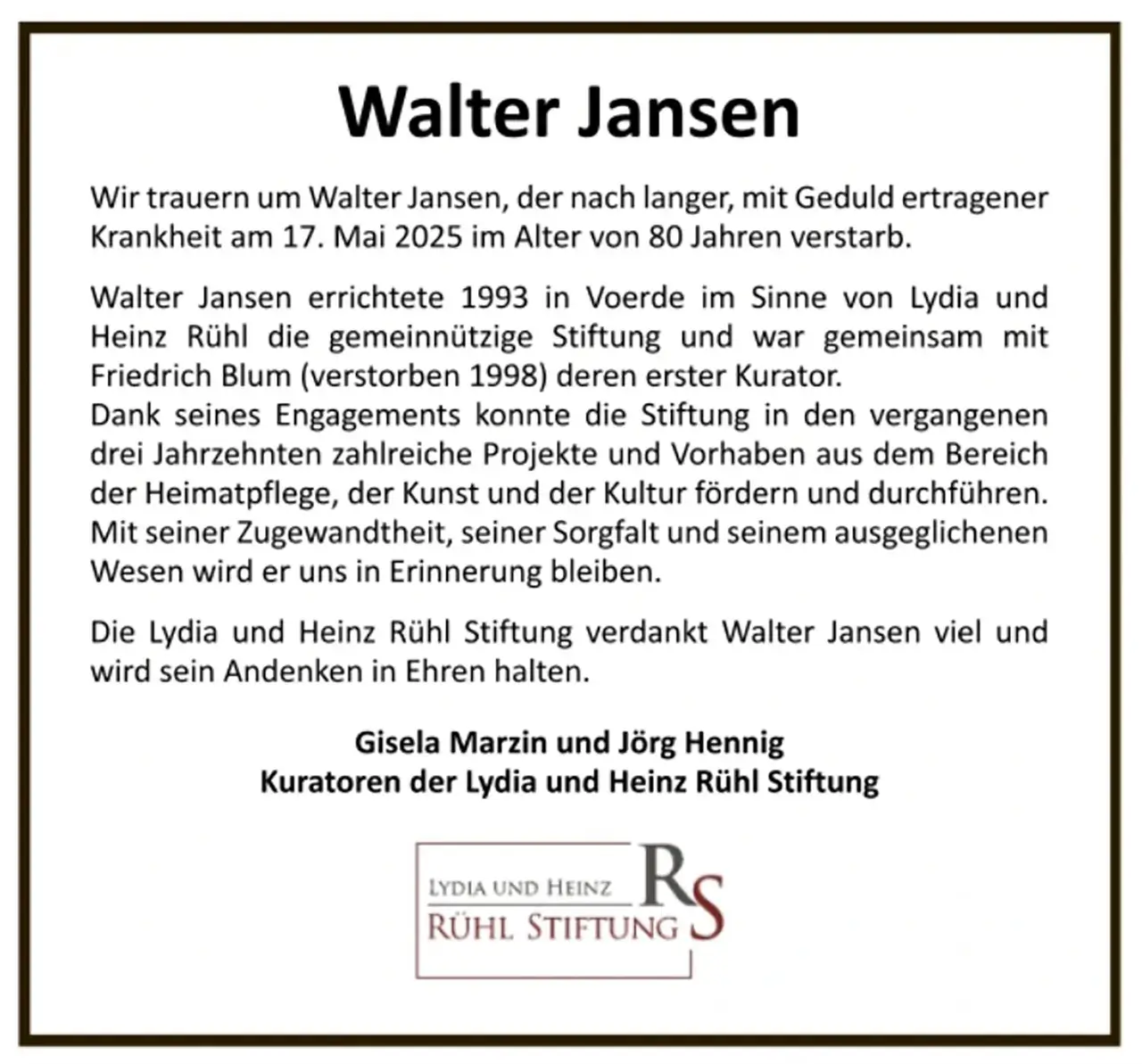 Nachruf Rühlstiftung - NRZ - 6 Juni 2025 - Walter Jansen Portrait eines älteren Herrn mit Brille, Anzug und Krawatte