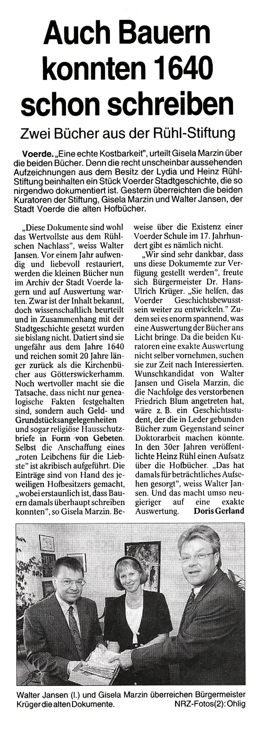 Presseartikel - NRZ - 31 August 1999 - Auch Bauern konnten 1640 schon schreiben Presseartikel - NRZ - 31 August 1999 - Auch Bauern konnten 1640 schon schreiben